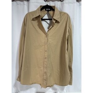 SER.O.YA Women's SZ S Tan Cotton Button Down Mel Top Back Bow Detail Long Sleeve